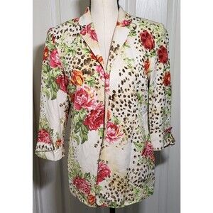 Sandra King Silk Linen Blazer Jacket Size 10 Floral Leopard Print 3/4 Sleeve VTG